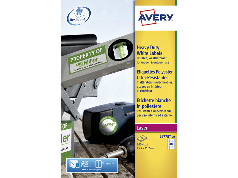 Etiket Avery L4778-20 45.7x21.2mm polyester wit 960stuks 1