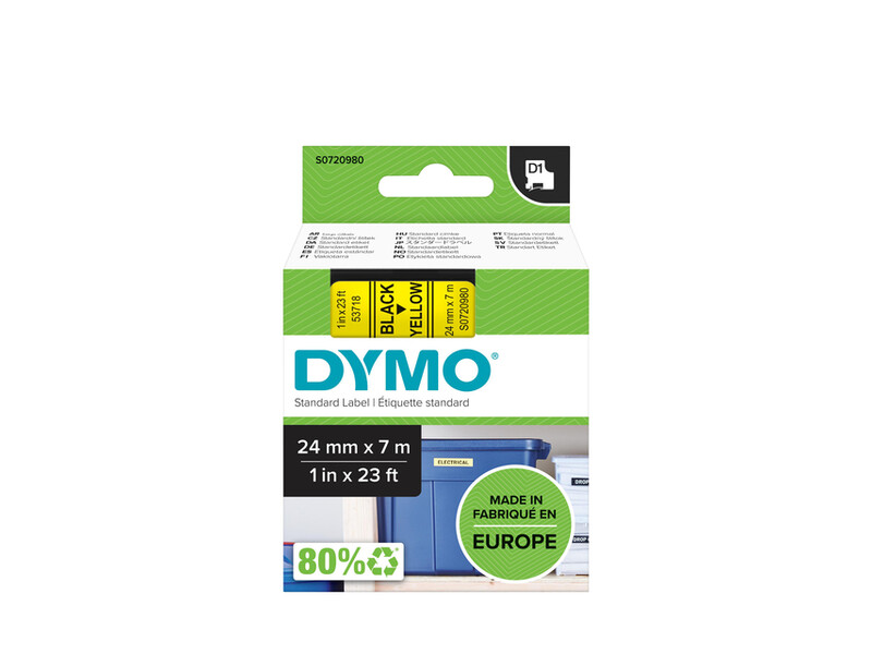 Labeltape Dymo D1 53718 720980 24mmx7m polyester zwart op geel 1
