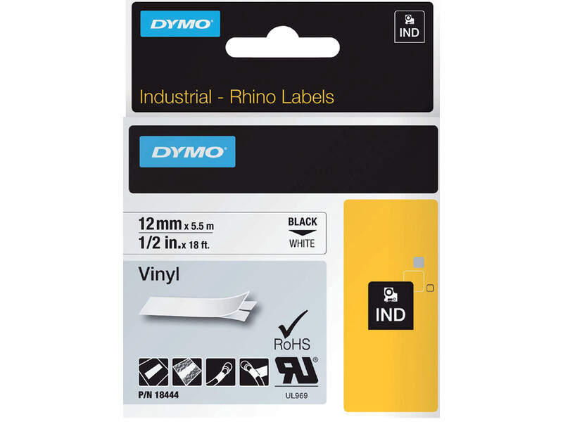 Labeltape Dymo Rhino 18444 vinyl 12mmx5.5m zwart op wit 1