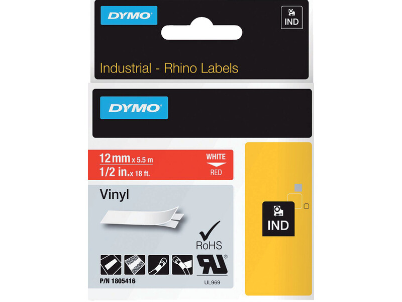 Labeltape Dymo Rhino 18054 12mmx5.5m vinyl wit op rood 1