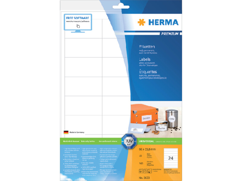 Etiket HERMA 8633 66x33.8mm premium wit 240stuks 1