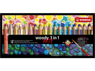 Kleurpotloden STABILO Woody 880/18-1-20 etui à 18 kleuren met puntenslijper en penseel 1