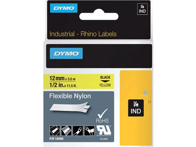 Labeltape Dymo Rhino 18490 nylon 12mmx3.5m zwart op geel 1
