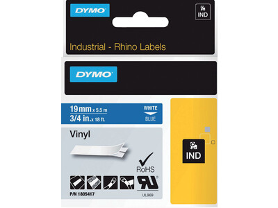 Labeltape Dymo Rhino 18054 19mmx5.5m vinyl wit op blauw 1