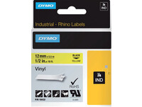 Labeltape Dymo Rhino 18432 12mmx5.5m vinyl zwart op geel